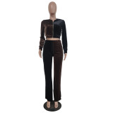 Contrast Color Velvet Long Sleeve Flared Pants 2 Piece Sets TR-1178