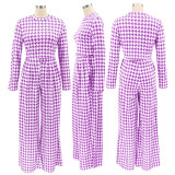 Houndstooth Print Long Sleeve Wide Leg Pants 2 Piece Sets SFY-2139