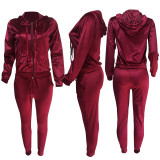 Solid Velvet Hooded Zipper Long Sleeve 2 Piece Suits OY-6310