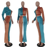 Contrast Color Velvet Long Sleeve Flared Pants 2 Piece Sets TR-1178