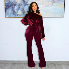 Solid Velvet Off Shoulder Flared Pants 2 Piece Sets XYKF-9298