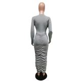 Solid Long Sleeve Ruched Slim Maxi Dress MEM-88391