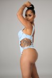 Denim Chain Hollow Out One-Piece Swimsuit LA-3281