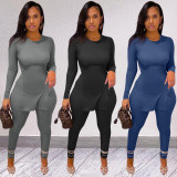 Plus Size Solid Long Sleeve Split Top And Pants 2 Piece Sets YFS-10027