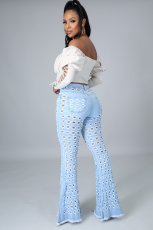 Denim Mid-Waist Hole Flared Jeans Pants LA-3273