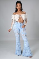 Denim Mid-Waist Hole Flared Jeans Pants LA-3273