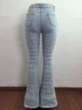 Denim Mid-Waist Hole Flared Jeans Pants LA-3273