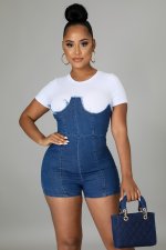 Denim Patchwork Short Sleeve Mini Dress LA-3291