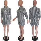 Casual Striped Long Sleeve Blouse Top And Shorts 2 Piece Sets BGN-203