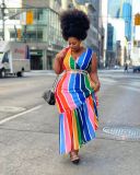 Plus Size Colorful Striped Sleeveless Maxi Dress (Without Belt) HEJ-Y6052