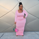 Plus Size Solid Long Sleeve Ruched Midi Dress HEJ-S6077