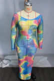 Plus Size Tie Dye Backless Hollow Out Maxi Dress HEJ-S6082 