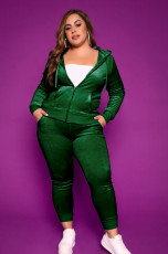 Plus Size Velvet Hooded Zipper 2 Piece Pants Set HEJ-S6092