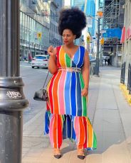 Plus Size Colorful Striped Sleeveless Maxi Dress (Without Belt) HEJ-Y6052