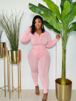 Plus Size Solid Hooded Long Sleeve Casual 2 Piece Suits FNN-8633