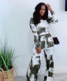 Casual Printed Long Sleeve Top Wide Leg Pants 2 Piece Suits QY-5261