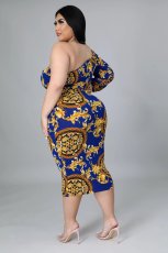 Plus Size Sexy Printed One Shoulder Midi Dress OM-1272