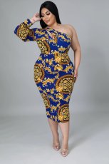 Plus Size Sexy Printed One Shoulder Midi Dress OM-1272