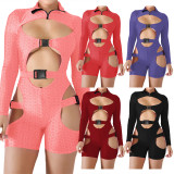Sexy Hollow Out Long Sleeve Buckle Romper TE-4328