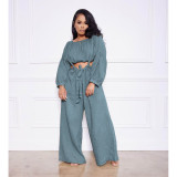 Solid Long Sleeve Top And Strap Wide Leg Pants 2 Piece Sets ASL-6511