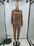 Casual Plaid Long Sleeve Slim-Waist Zipper Jumpsuit XYMF-88081