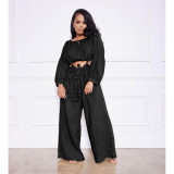 Solid Long Sleeve Top And Strap Wide Leg Pants 2 Piece Sets ASL-6511