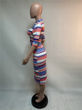 Colorful Striped Half Sleeve Midi Skirt 2 Piece Sets XMEF-X1022