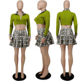 Plaid Long Sleeve Crop Top+Pleated Mini Skirt 2 Piece Sets APLF-5087