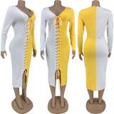 Plus Size Contrast Color Lace Up Long Sleeve Bandage Dress FNN-8635