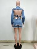 Denim Backless Long Sleeve Top+Lace-Up Shorts 2 Piece Sets MEM-88395