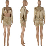 Sexy Velvet Hooded Coat+Bra Top+Shorts 3 Piece Sets NYMF-CL236