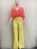 Solid V Neck 3/4 Sleeve Top And Pants 2 Piece Sets ORY-5209