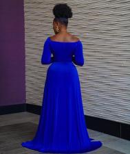 Blue V Neck Long Sleeve High Split Maxi Evening Dress LSL-6474