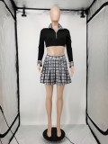 Plaid Long Sleeve Crop Top+Pleated Mini Skirt 2 Piece Sets APLF-5087