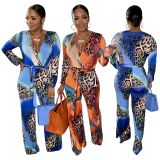Sexy Leopard Print V Neck Long Sleeve Sashes Jumpsuit JRF-3656
