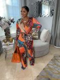 Sexy Leopard Print V Neck Long Sleeve Sashes Jumpsuit JRF-3656