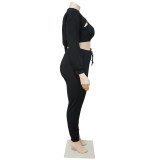 Plus Size Solid Ribbed Long Sleeve Crop Top+Vest+Pants 3 Piece Sets NNWF-7345