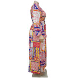 Plus Size Printed Long Sleeve Sashes Maxi Dress NNWF-7314