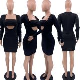 Black Long Sleeve Bodycon Dress+Tube Top 2 Piece Sets XSF-6071