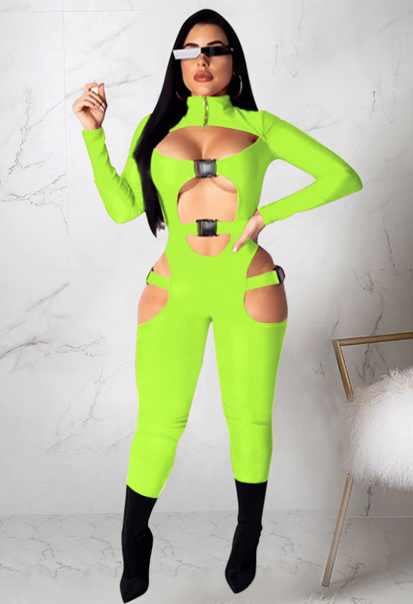 Sexy Solid Long Sleeve Hollow Out Buckle Jumpsuit ME-S955