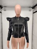 Black PU Leather Ruffle Long Sleeve Zipper Jacket WSM-A5043