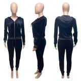 Solid Velvet Hooded Zipper Long Sleeve 2 Piece Sets ME-S950