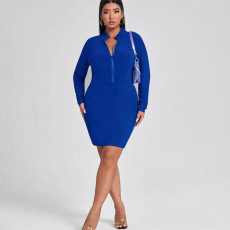 Plus Size Solid Long Sleeve Zipper Mini Dress PHF-13260