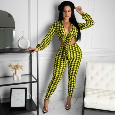 Houndstooth Print Long Sleeve Tie-Up 2 Piece Sets FENF-183