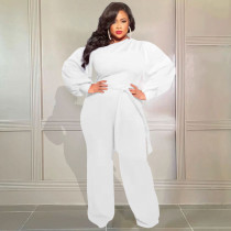 Plus Size Solid Long Sleeve Sashes Casual Jumpsuit CQF-90086