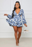 Sexy Printed V Neck Long Sleeve Mini Dress YMEF-5039