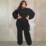 Plus Size Solid Long Sleeve Sashes Casual Jumpsuit CQF-90086