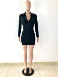 Sexy Solid Ruched Long Sleeve Buttons Slim Mini Dress YNSF-1678