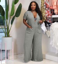 Plus Size Solid Short Sleeve Loose Jumpsuit YN-88821