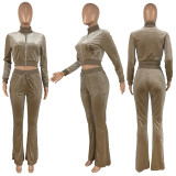 Solid Velvet Long Sleeve Zipper Top Flared Pants 2 Piece Sets CH-8191
